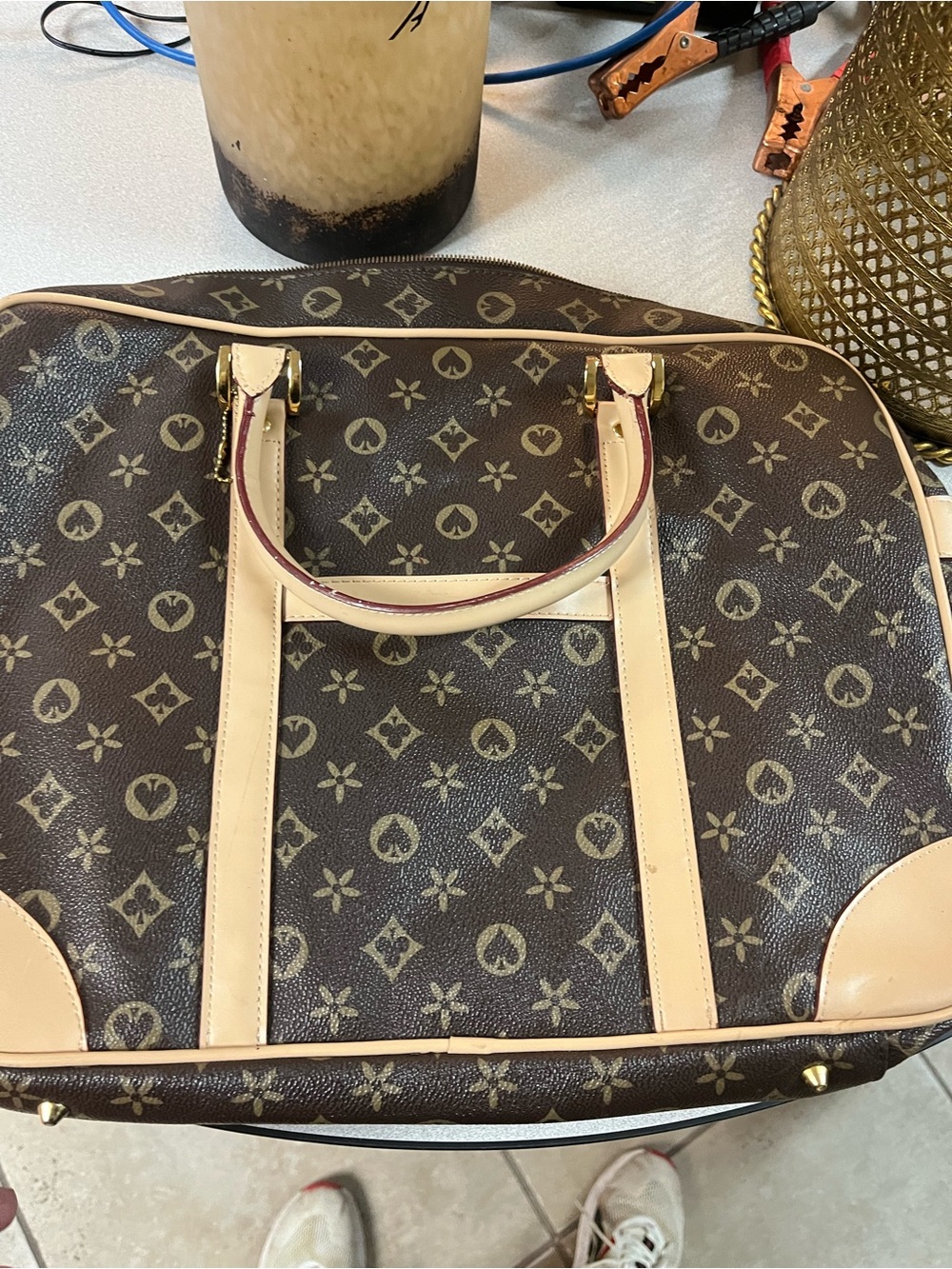 Designer-Inspired Brown Monogram Satchel with Cream Trim